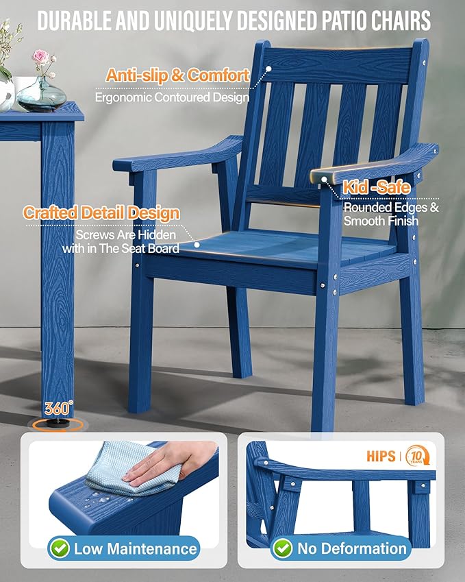 YEFU HIPS Patio Table Set: 5 Piece Outdoor Square Table and Chairs with Metal Aluminum Frame - Blue Modern Plastic Patio Dining Furniture Set 4 Person for Outside Deck