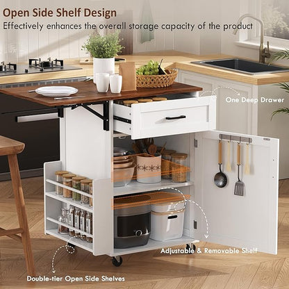 39.3" Kitchen Island with Side Drop Leaf, Space-Saving Rolling Kitchen Cart with Lockable Wheels, Storage Island with Open Side Rack, One Drawer & Towel Rack, for Kitchen, White