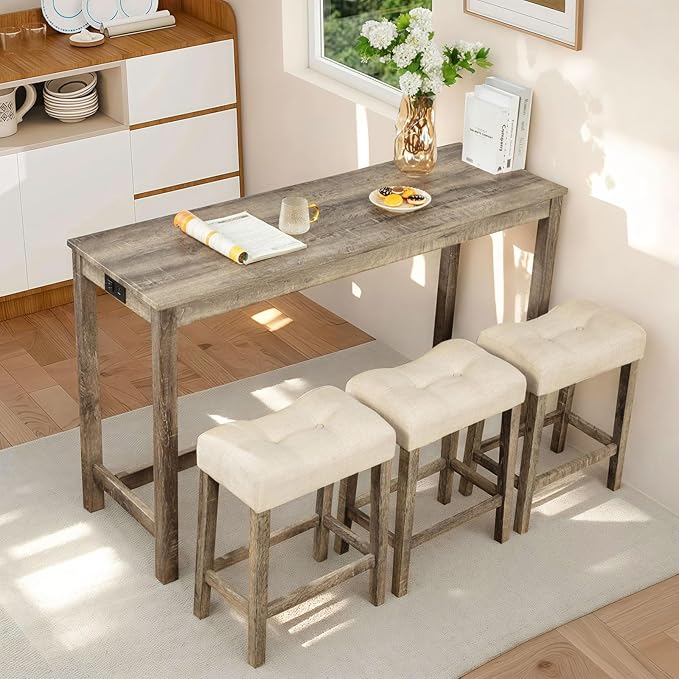 LKTART Bar Table and Chairs Set of 4, Bar Height Dining Table Set with Power Outlet and 3 Padded Stools Industrial Breakfast Table Set for Living Room, Small Space, Brown