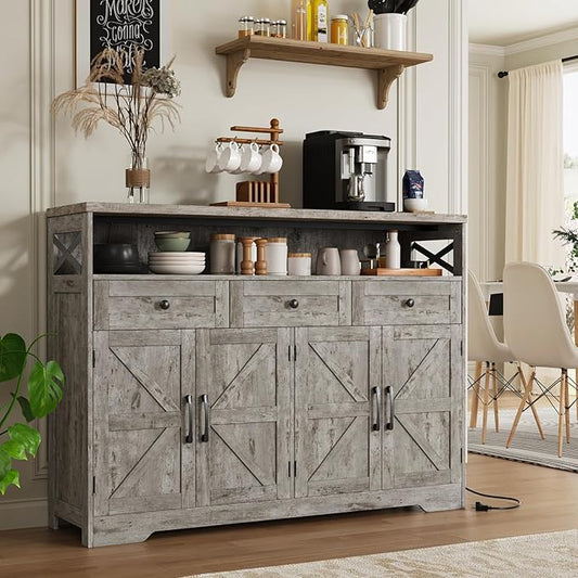 51" Farmhouse Buffet Sideboard Cabinet with Drawers and Barn Doors, Storage Cabinet with Shelf, Kitchen Pantry Cabinet Hutch, Coffee Bar Station for Kitchen, Dining, Living room, Washed Grey