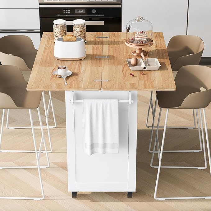Rolling Kitchen Island Cart with Foldable Counter Top,Slide-Out Shelf and Lockable Wheels,Towel Rack and Drawer,for Kitchen Living Room Dining Room (White@y)