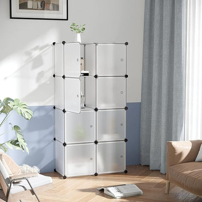 C&AHOME Cube Storage Organizer with Doors, 8-Cube Shelf, Closet Cabinet, DIY Plastic Modular Bookshelf, Storage Shelves Ideal for Bedroom,Living Room,24.8" L × 12.4" W × 48.4" H White USBTM3008B-DOOR