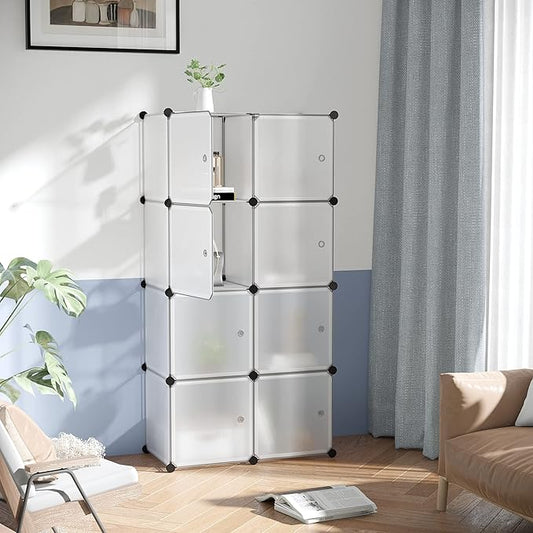 C&AHOME Cube Storage Organizer with Doors, 8-Cube Shelf, Closet Cabinet, DIY Plastic Modular Bookshelf, Storage Shelves Ideal for Bedroom,Living Room,24.8" L × 12.4" W × 48.4" H White USBTM3008B-DOOR