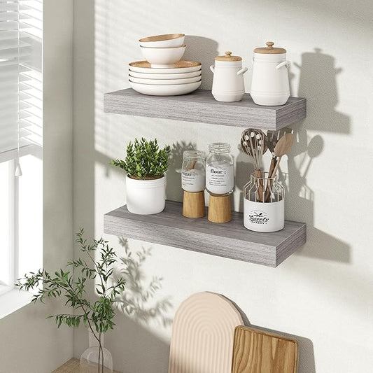 Acovy 16 Inch Floating Shelves for Wall 2 Pack, 16" Wall Shelves for Books, Storage, Decor, Wall Mounted Floating Shelf with Invisible Brackets for Kitchen, Living Room, Gray