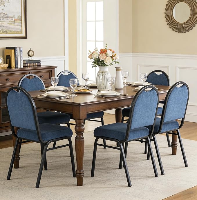 Stackable Banquet Dining Chairs 4 Pack, Upholstered Crown Back Event Chairs with Blue Fabric Seat, Heavy Duty Steel Frame, 300 lb Capacity, No Assembly, for Restaurant Wedding Conference