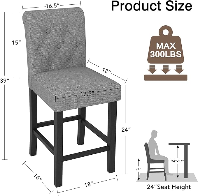 LSSBOUGHT 24 Inches Upholstered Counter Height Bar Stools Kitchen Island Chairs Padded Barstools with Button-Tufted Back and Solid Wood Legs Set of 2（Gray）