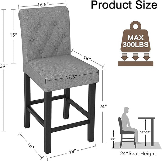 LSSBOUGHT 24 Inches Upholstered Counter Height Bar Stools Kitchen Island Chairs Padded Barstools with Button-Tufted Back and Solid Wood Legs Set of 2（Gray）