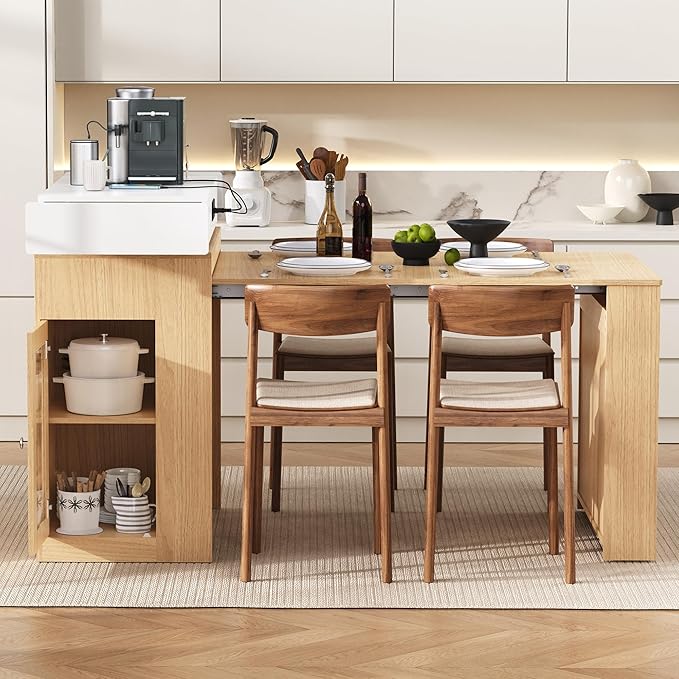 Kitchen Islands with Extendable Dining Table, Wheels and Hooks, Sideboard, Island Table with Double-Side Storage for Kitchen and Dining Room (Natural+Creamy White)