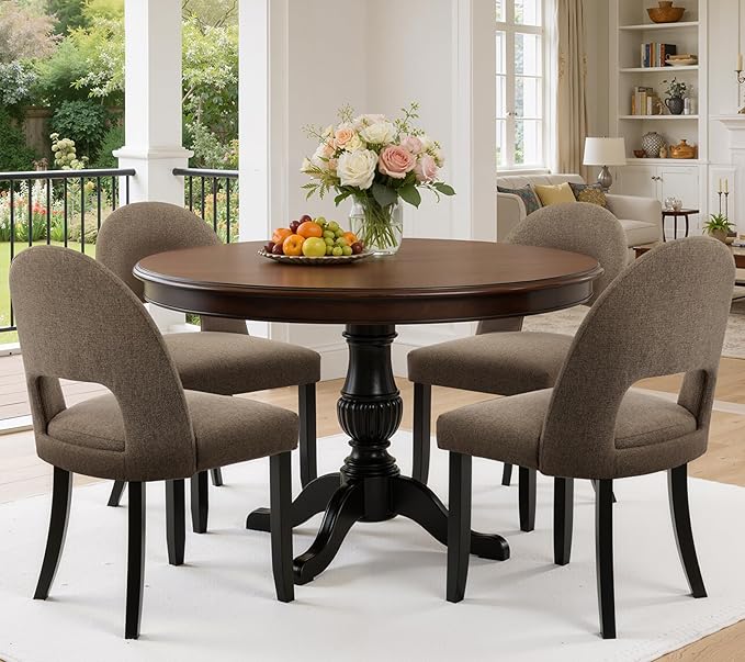 Upholstered Dining Chairs Set of 4, Mid Century Modern Kitchen Chairs with Solid Wood Legs & Linen Fabric Backrest for Dining Room, Brown