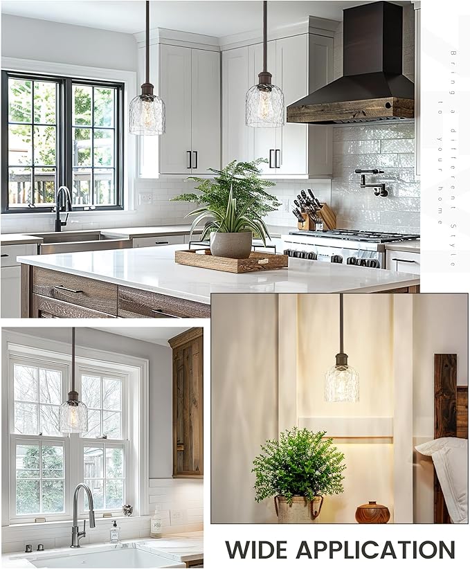 zeyu Farmhouse Hanging Light Fixture, Kitchen Island Pendant Lights, 1-Light Adjustable Hanging Light with Clear Hammered Glass, Oil Rubbed Bronze Finish, ZJF63MIL ORB