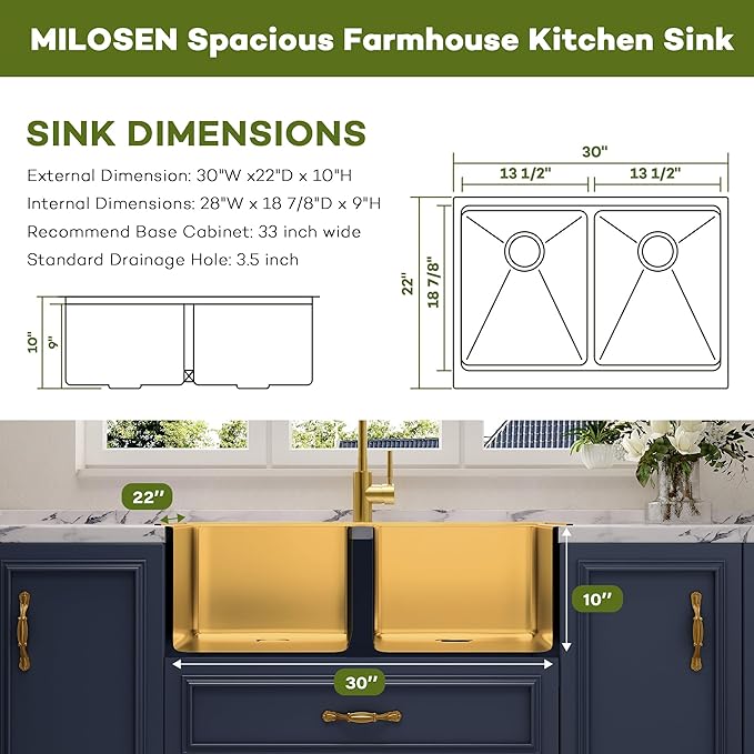 MILOSEN 30 Inch Gold Farmhouse Kitchen Sink, 30''x22'' Drop-in Stainless Steel Workstation Apron Front Sink with Ledge & Accessories, 50/50 Double Bowl Farm Sinks, 10'' Large and Deep Handmade Sinks