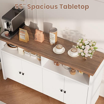 IDEALHOUSE Sideboard Buffet Cabinet with Storage, 55" Large Farmhouse Kitchen Storage Cabinet with 4 Doors & Adjustable Shelves, Wood Coffee Bar Cabinet for Kitchen, Dining Room, Living Room, White