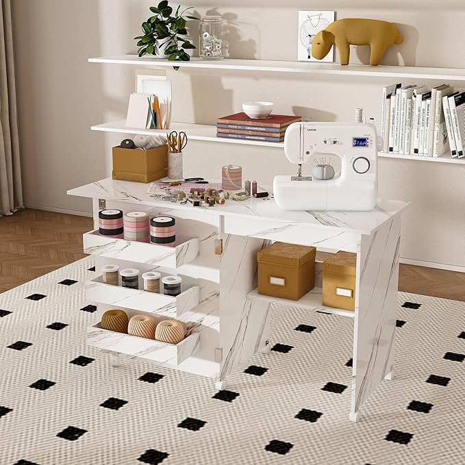 4-in-1 Folding Sewing Table with Lockable Wheels – Craft Station, Computer Desk, End Table & Kitchen Storage with Shelves, White Rolling Sewing Machine Table for Small Spaces
