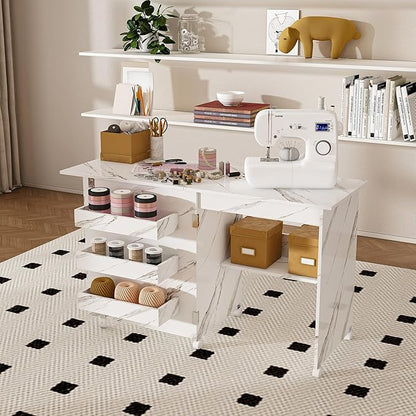 4-in-1 Folding Sewing Table with Lockable Wheels – Craft Station, Computer Desk, End Table & Kitchen Storage with Shelves, White Rolling Sewing Machine Table for Small Spaces