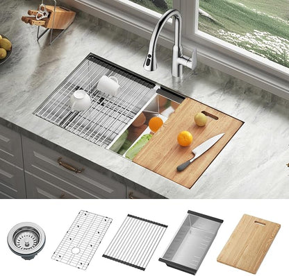 JOMOO 32‑Inch Brushed Stainless Steel Workstation Sink, 10″ Deep Single Bowl Undermount Kitchen Sink Set with Accessories