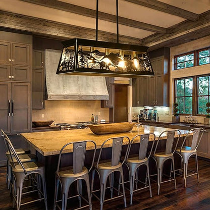 Rustic Dining Room Light Fixture, Bear Kitchen Island Lighting, 32-Inch 5-Light Black Rectangle Farmhouse Chandeliers, Adjustable Height Pendant Light for Kitchen Island, Dining Room Over Table