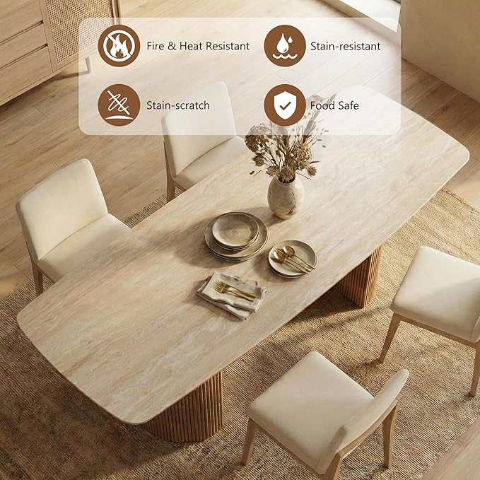 79'' Sintered Stone Dining Table for 8-10 People, Modern Rectangular Kitchen Table with Solid Wood Pedestal, Luxury Mid-Century Dining Room Table for Home Living Room