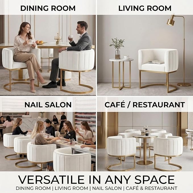 Hyfirm Beige and Gold Barrel Dining Room Chairs Set of 4, Modern Velvet Upholstered Accent Chairs with Curved Back for Kitchen Island, Luxury Comfort Seating Cantilever Metal Frame
