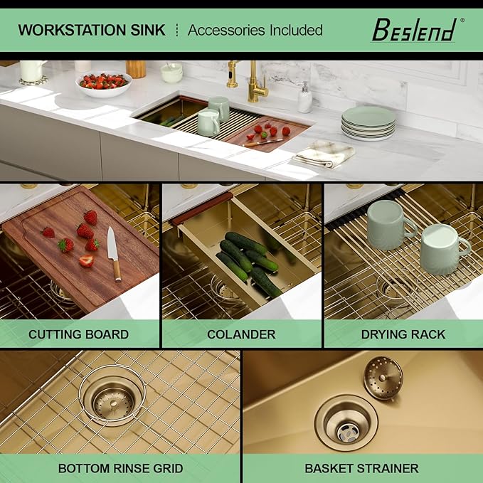 33x19 Undermount Gold Kitchen Sink - Beslend Stainless Steel Ledge Workstation Kitchen Sinks Gold Sink 16 Gauge Single Bowl Undermount Basin