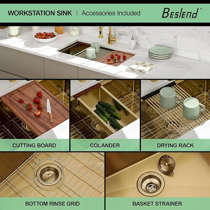 33x19 Undermount Gold Kitchen Sink - Beslend Stainless Steel Ledge Workstation Kitchen Sinks Gold Sink 16 Gauge Single Bowl Undermount Basin