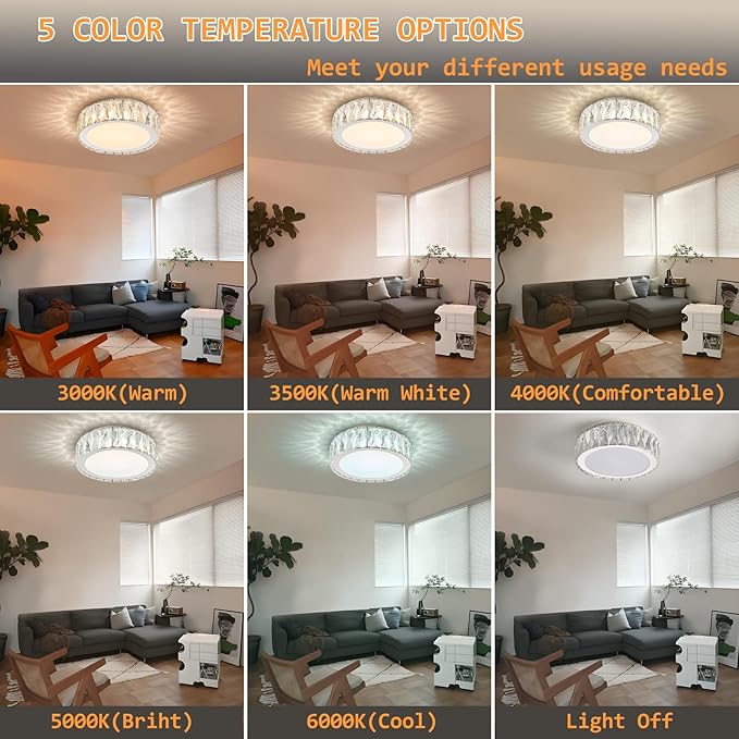 Modern 11 Inch Luxury Crystal Ceiling Light Fixture,Dimmable 3000K-6500K Adjustable LED Lighting Fixtures,Chrome 24W Round Small Chandelier for Kitchen,Bedroom,Laundry Room, Hallway