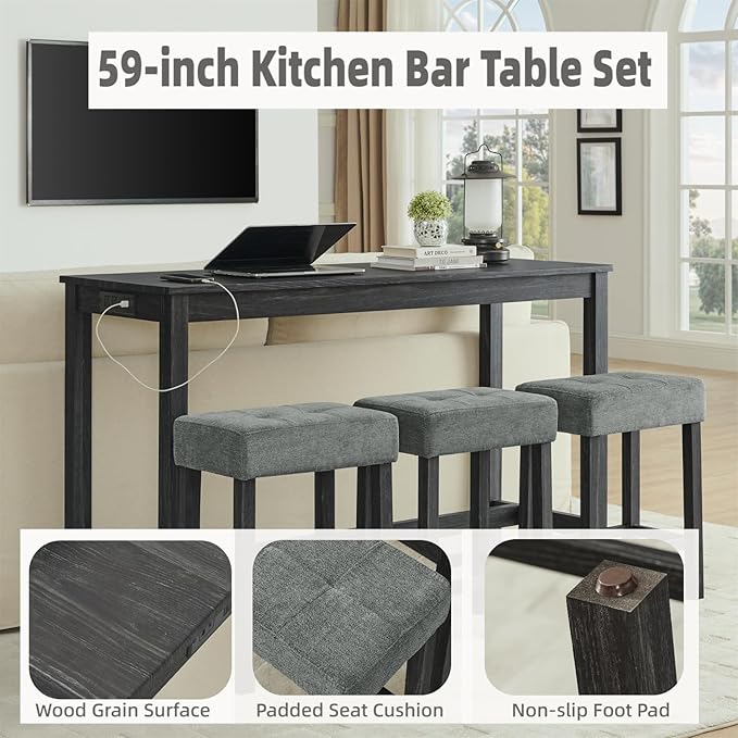 59 inch Bar Table and Chairs Set with with Power Outlet, Industrial Hight Counter Height Bar Table with 3 Upholstered Stools,4 Pieces Space-Save Breakfast Table Set for Kitchen Dining Room (Black)