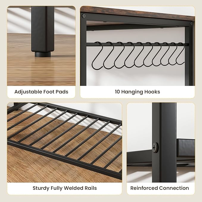 Giantex Kitchen Baker Rack with 3 Tier Storage Shelves, 10 Hooks, Glass Holder, 40" Stationary Island with Spacious Worktop, Industrial Kitchen Shelf, Metal Frame, Easy Assembly (Rustic Brown & Black)