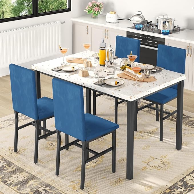 tantohom Dining Table Set for 4, Space Saving Kitchen Table and Chairs Set of 4, 5 Piece Modern Dining Room Table Set with Faux Marble Top and PU Leather Chairs for Small Space, Apartment
