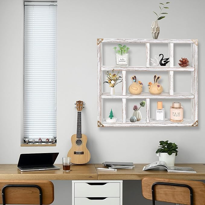 17.7x15.7-Inch Shadow Box Shelf 9-Slot Rustic Floating Shelves Larger Wall Mounted Shelf Lightweight Solid Wood Display Shelf Freestanding Farmhouse(9C-Rustic White)