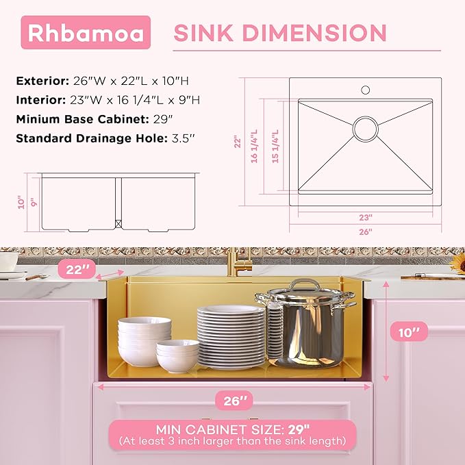 Rhbamoa Gold Farmhouse Sink 26 Inch,16 Gauge T304 Stainless Steel Drop in Kitchen Sinks,Small Single Bowl Apron Front Kitchen Farm Sink,10 Inch Depth Farm Sink with All Accessories