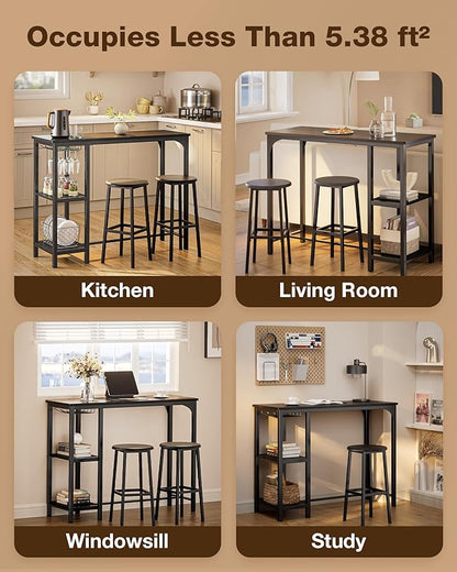 Qsun Small Bar Table Set for 2, Bar Table and Chairs Set for 2, Kitchen Table for 2 with 2 Storage Shelves & Wine Glass Holder, Dining Table for Small Apartment, Dining Room, Black