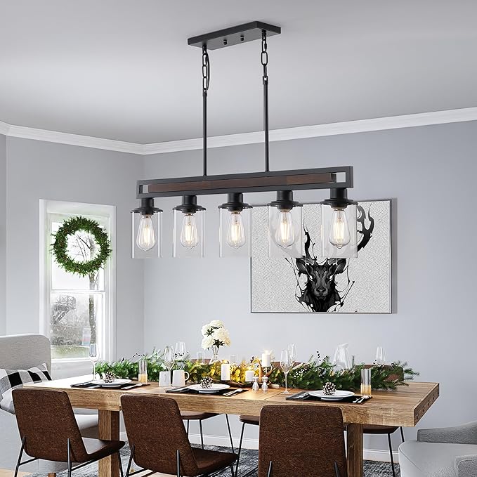 Farmhouse Dining Room Light Fixture Over Table, 5-Light Wood Kitchen Island Lighting, Black Adjustable Pendant Light with Clear Glass Shades, Linear Chandeliers Lighting for Kitchen