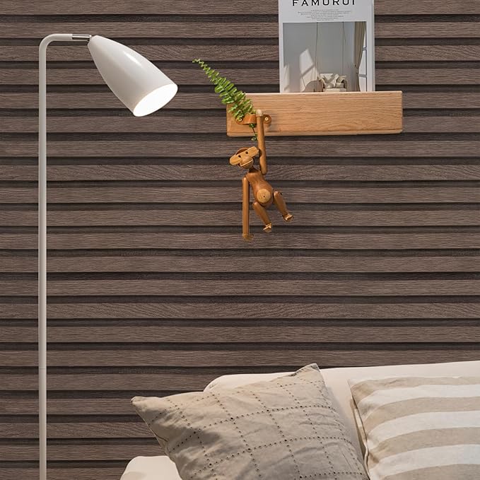 Yun-aeon Natural Wood Peel and Stick Wallpaper Wood Slats - 17.3"x 480" Dark Brown Self-Adhesive Waterproof Vinyl Removable Wall Paper for Wall Decor Bedroom