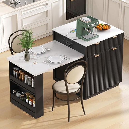 JIJIWANG 82.6" Fluted Kitchen Island with Extendable Dining Table for 4-6, Island Table for Kitchen with Power Outlet, Kitchen Table with Double-Side Storage, 2 Drawers 2 Side Open Shelves, Black