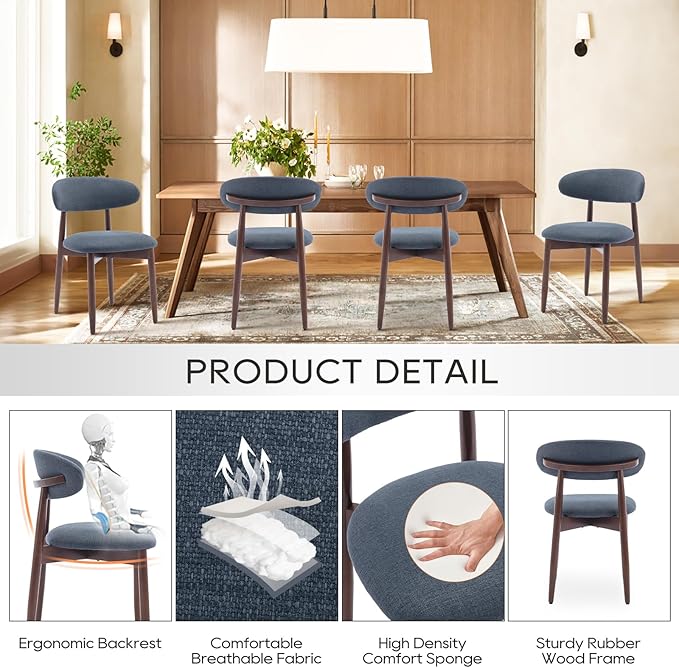 COLAMY Wooden Dining Chairs Set of 2, Modern Fabric Upholstered Dining Room Chair, Farmhouse Kitchen Side Chairs with Foot Pegs, Blue