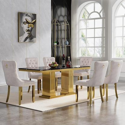 Henf Black Dining Table for 4 6, 68" Marble Dining Room Table with Gold Stainless Steel Double Pillar Base, Modern Kitchen & Dining Room Tables Rectangle Faux Marble Dinner Table for 4 6