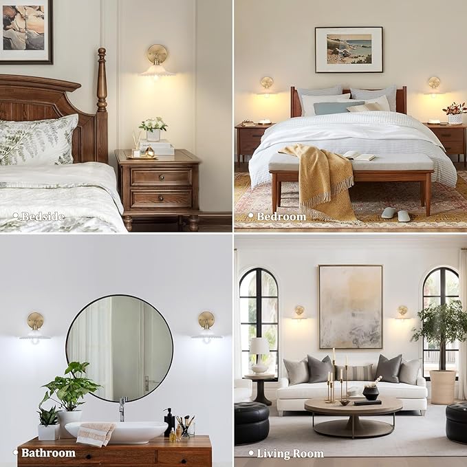 Shenmoyl Vintage Wall Sconces with White Lotus Glass Lampshade 180 Degree Adjustable Brass Sconces Hradwired Modern Wall Lighting Fixture with Switch for Bedside Bedroom Doorway