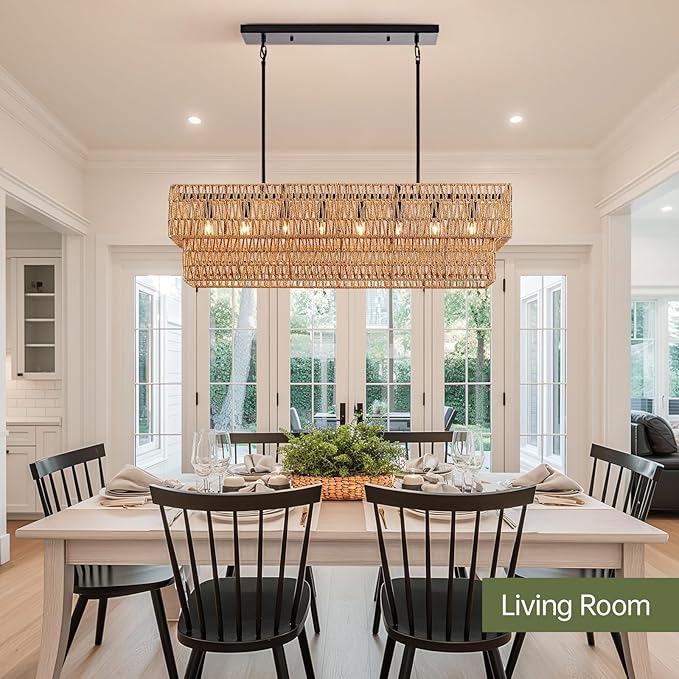 40” Hand Woven Rattan 8-Light Chandeliers for Dining Room, 2 Layer Boho Linear Chandelier Rectangle Rustic Pendant Light Fixture for Kitchen Island Bar Living Room