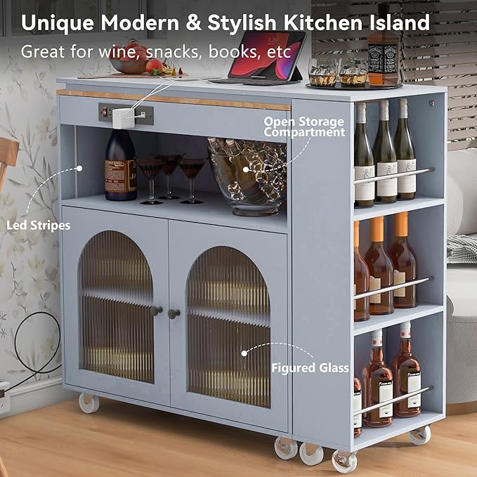 Kitchen Island Cart with Extended Table, Rolling Kitchen Island on Wheels with LED Lights&Power Outlets&Storage Compartment, Side Table with 2 Fluted Glass Doors and 3 Open Shelves,Grey Blue