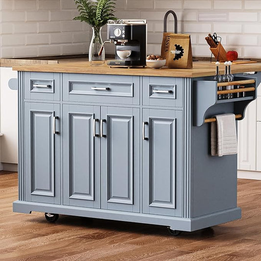 JIJIWANG 54" Large Kitchen Island with Drop Leaf and Storage, Embossed Texture Rolling Kitchen Cart on 4 Wheels with 4 Doors and 3 Drawers for Dining Room, Grey Blue