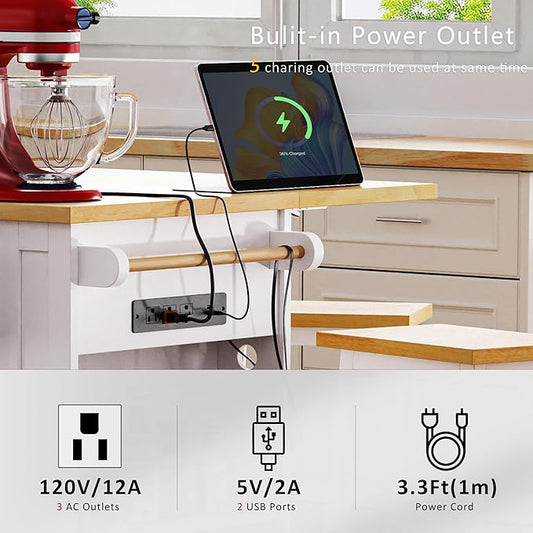 LUMISOL 53” Large Kitchen Island with Drop Leaf and Power Outlet, Rolling Kitchen Cart with Wheels, Door Internal Storage Rack and 5 Open Side Racks, Not Included Stools, White