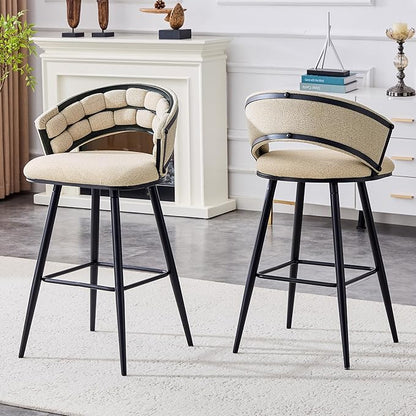 Set of 2 Beige Velvet Bar Stools with Black Iron Legs, Kitchen Island Counter Height Stools