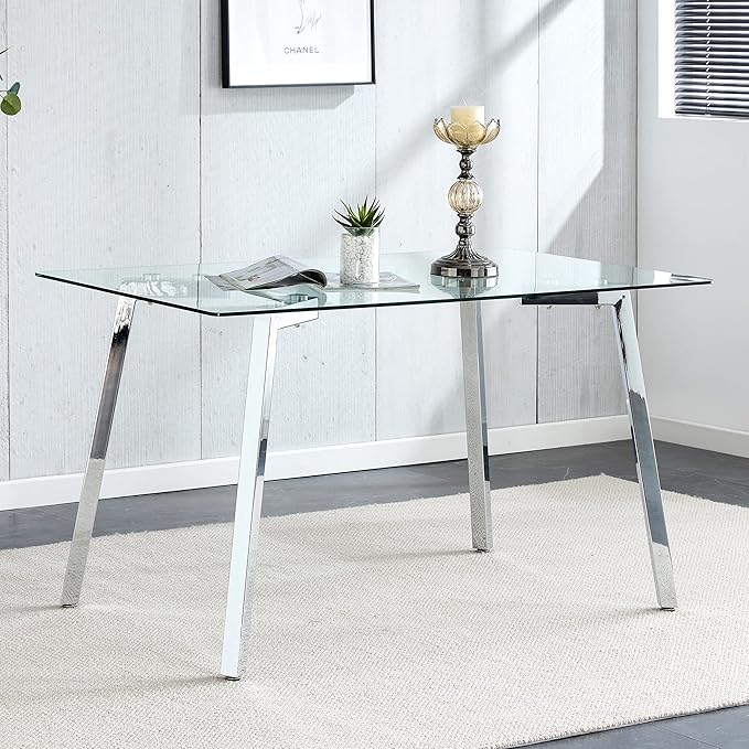 Rectangular Glass Dining Table 51 Inch Modern Rectangular Kitchen Table with Metal Legs Durable Stylish Dinner Table for Dining Room Kitchen