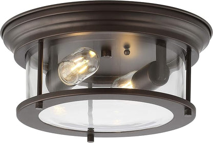 JONATHAN Y 13.25" Oil Rubbed Bronze/Clear 2-Light LED Flush Mount Ceiling Light Fixture, Modern Clear Glass Drum Shade, Industrial Farmhouse Lighting for Kitchen Hallway Bedroom (JYL7446B)