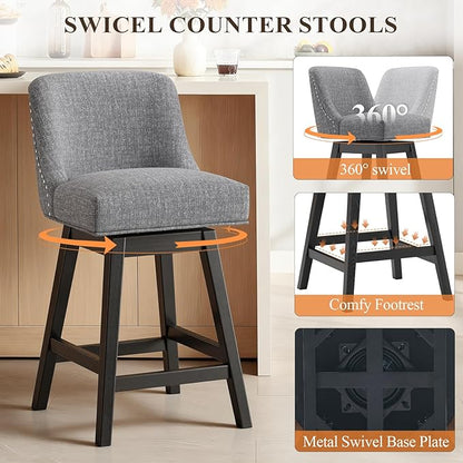 MALOL Swivel Bar Stools, 27" Counter Height Kitchen Stools with Padded Seats and Solid Wood Legs, Upholstered Barstools for Kitchen Island, Breakfast Nook (Dark Gery)