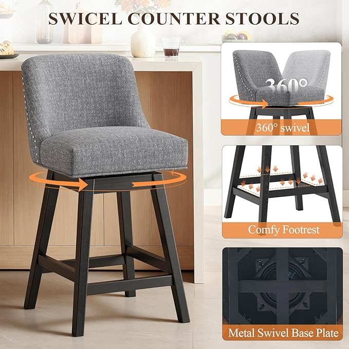 MALOL Swivel Bar Stools Set of 4, 27" Counter Height Kitchen Stools with Padded Seats and Solid Wood Legs, Upholstered Barstools for Kitchen Island, Breakfast Nook (Dark Gery)