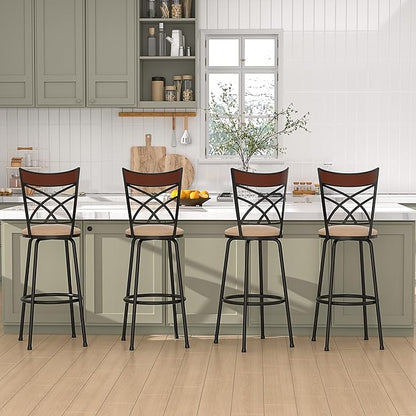 VECELO Bar Stools Set of 2, 24/29" Height Adjustable Barstool,Swivel Counter Stool with Upholstered Seat/Footrest/Back,Steel Bistro Pub Chairs, Island Chairs,Wood Top Backrest