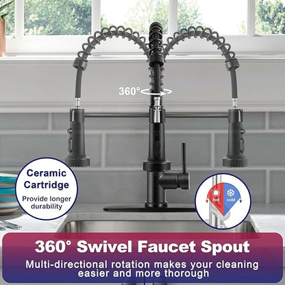 Herogo Touchless Kitchen Faucets with Soap Dispenser, Motion Sensor Activated Commercial Stainless Steel Sink Faucets with Pull Down Sprayer, Matte Black Single Handle Faucets for Vanity Farmhouse RV