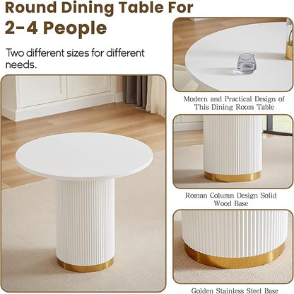 AF ARTISAN FURNITURE Round Dining Table for 4, 35.04" Farmhouse Kitchen Table, One-Piece Solid Wood Top with Gold Stainless Steel Base, Small Circle Dining Table for Kitchen & Living Room, White