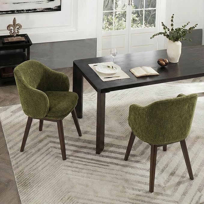 KISLOT Wooden Dining Chairs Set of 2, Fabric Upholstered Modern Dining Room Chairs with Barrel Backrest & Double-Layer Thick Cushion for Living Room, Restaurant, Kitchen and Café, Green